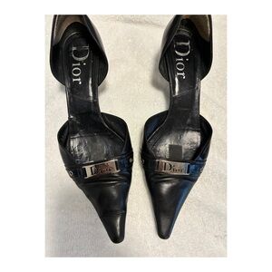 DIOR Black Leather Pointed Kitten Heels With Silver Logo Plaque  Size 40 1/2